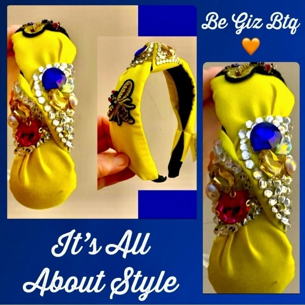 Neon Yellow, Black And Crystals Embellished Handmade Honey Bee Knot Headband